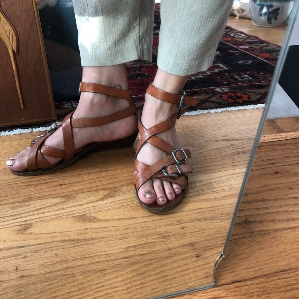 Madewell Womens Ankle Strap Sandals Brown Leather Criss Cross Heel Buckle 8.5